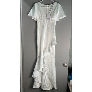 Lulus Womens XS White V Neck Short Sleeve Ruffle Satin Gown NWT
